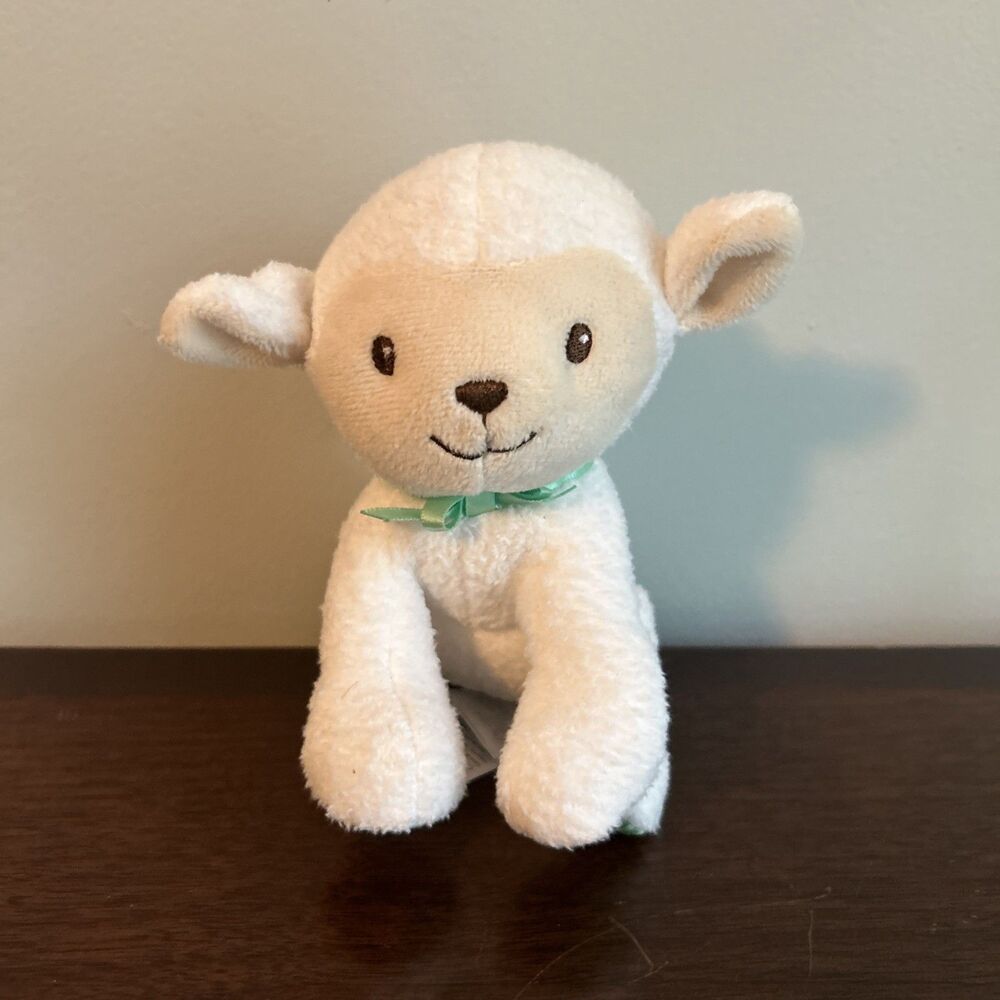 Prestige Baby White Lamb Plush Green Gingham Check Feet 2016 5"